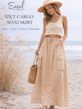 NWT Boho Cargo Maxi Skirt Tan Elastic Waist Drawstring Easel Los Angeles M